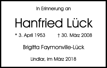 Anzeige von Hanfried Lück von Kölner Stadt-Anzeiger / Kölnische Rundschau / Express