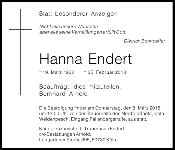 Anzeige von Hanna Endert von Kölner Stadt-Anzeiger / Kölnische Rundschau / Express