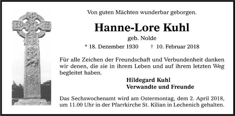  Traueranzeige für Hanne-Lore Kuhl vom 10.03.2018 aus Kölner Stadt-Anzeiger / Kölnische Rundschau / Express