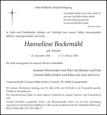 Anzeige von Hanneliese Bockemühl von  Anzeigen Echo 