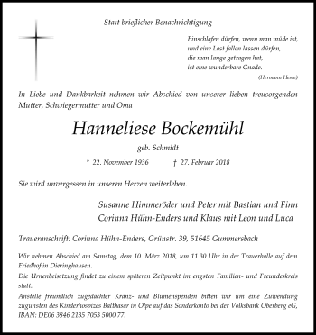 Anzeige von Hanneliese Bockemühl von Kölner Stadt-Anzeiger / Kölnische Rundschau / Express