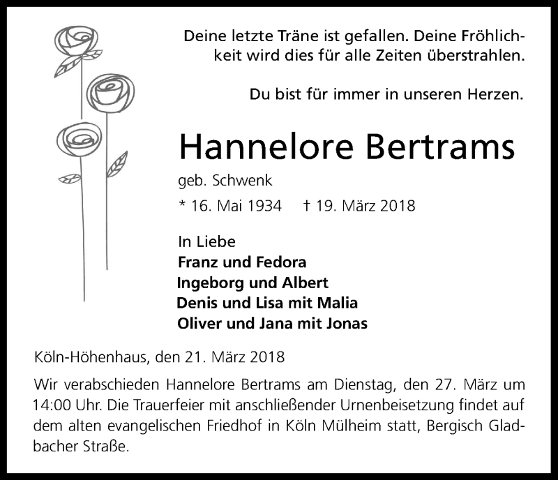  Traueranzeige für Hannelore Bertrams vom 24.03.2018 aus Kölner Stadt-Anzeiger / Kölnische Rundschau / Express