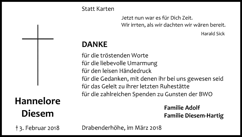  Traueranzeige für Hannelore Diesem vom 31.03.2018 aus Kölner Stadt-Anzeiger / Kölnische Rundschau / Express