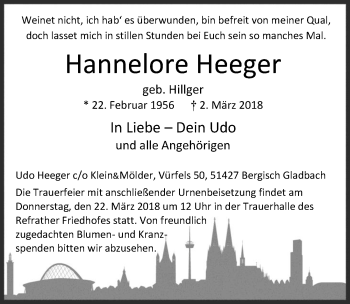 Anzeige von Hannelore Heeger von  Bergisches Sonntagsblatt 