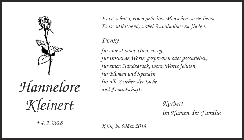  Traueranzeige für Hannelore Kleinert vom 14.03.2018 aus  Kölner Wochenspiegel 