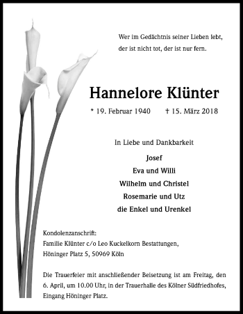 Anzeige von Hannelore Klünter von Kölner Stadt-Anzeiger / Kölnische Rundschau / Express