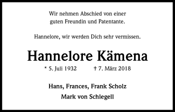 Anzeige von Hannelore Kämena von Kölner Stadt-Anzeiger / Kölnische Rundschau / Express