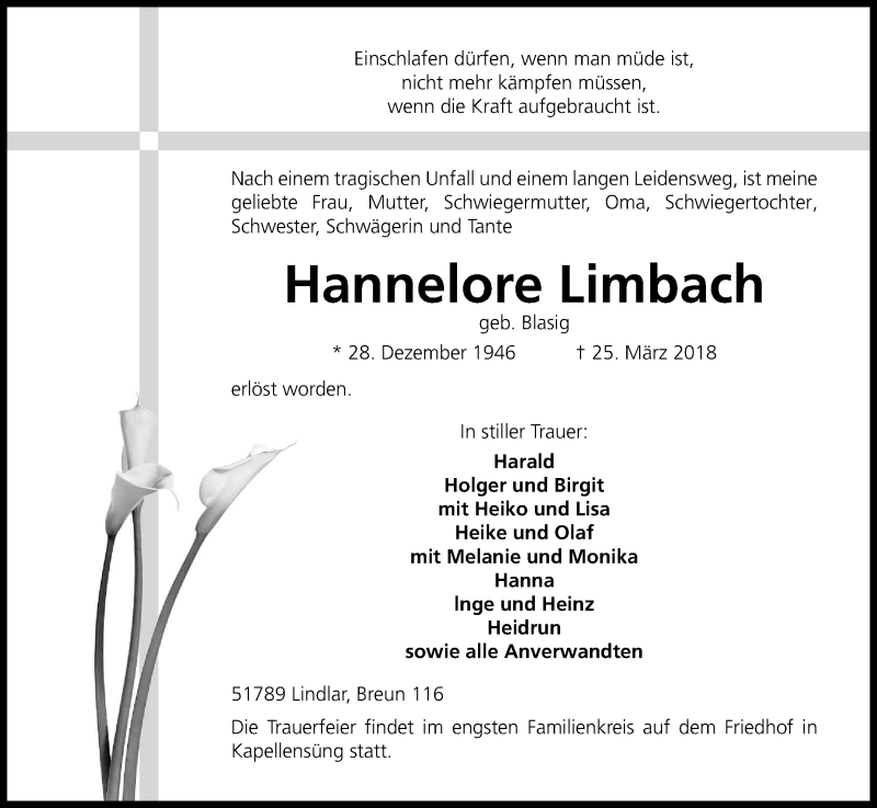  Traueranzeige für Hannelore Limbach vom 31.03.2018 aus Kölner Stadt-Anzeiger / Kölnische Rundschau / Express