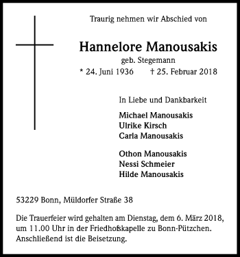 Anzeige von Hannelore Manousakis von Kölner Stadt-Anzeiger / Kölnische Rundschau / Express