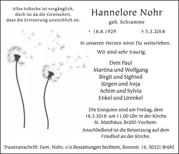 Anzeige von Hannelore Nohr von  Schlossbote/Werbekurier 