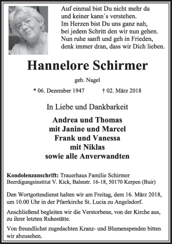 Anzeige von Hannelore Schirmer von  Sonntags-Post 