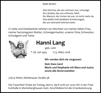 Anzeige von Hanni Lang von Kölner Stadt-Anzeiger / Kölnische Rundschau / Express