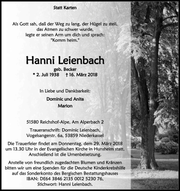 Anzeige von Hanni Leienbach von Kölner Stadt-Anzeiger / Kölnische Rundschau / Express