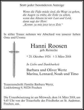 Anzeige von Hanni Roosen von  Sonntags-Post 