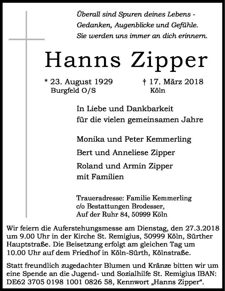  Traueranzeige für Hanns Zipper vom 24.03.2018 aus Kölner Stadt-Anzeiger / Kölnische Rundschau / Express