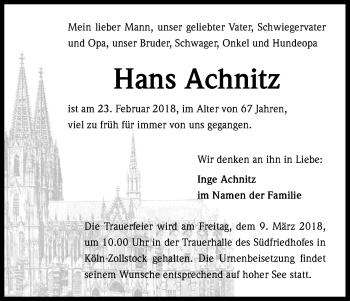 Anzeige von Hans Achnitz von Kölner Stadt-Anzeiger / Kölnische Rundschau / Express