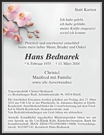 Anzeige von Hans Bednarek von  Wochenende 