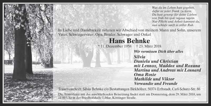  Traueranzeige für Hans Behnke vom 28.03.2018 aus  Werbepost 
