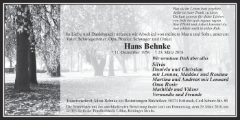 Anzeige von Hans Behnke von  Werbepost 