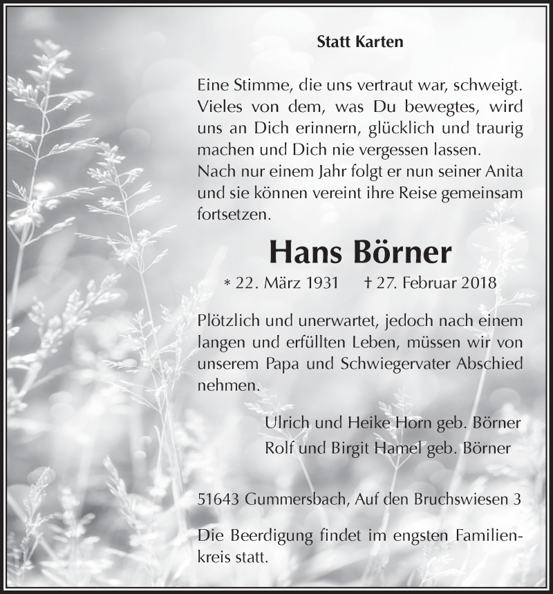  Traueranzeige für Hans Börner vom 07.03.2018 aus  Anzeigen Echo 