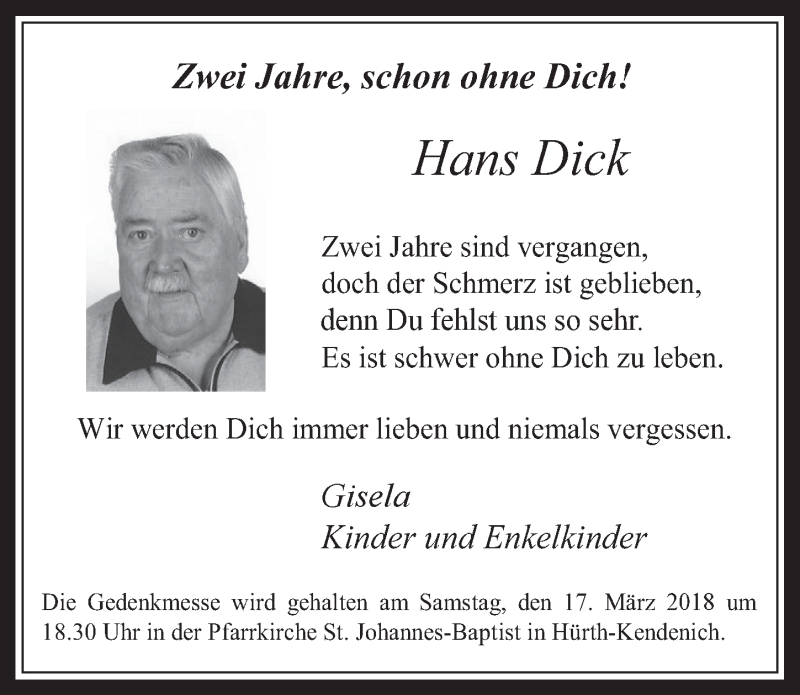  Traueranzeige für Hans Dick vom 14.03.2018 aus  Wochenende 
