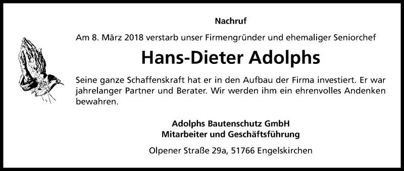  Traueranzeige für Hans-Dieter Adolphs vom 16.03.2018 aus Kölner Stadt-Anzeiger / Kölnische Rundschau / Express