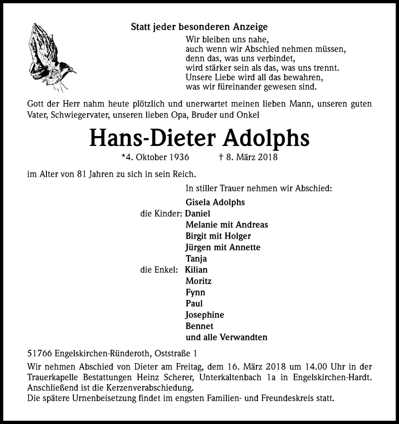  Traueranzeige für Hans-Dieter Adolphs vom 10.03.2018 aus Kölner Stadt-Anzeiger / Kölnische Rundschau / Express