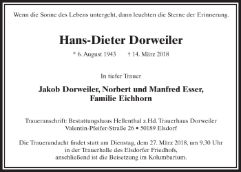 Anzeige von Hans-Dieter Dorweiler von  Sonntags-Post 