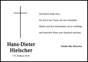 Anzeige von Hans-Dieter Hielscher von Kölner Stadt-Anzeiger / Kölnische Rundschau / Express