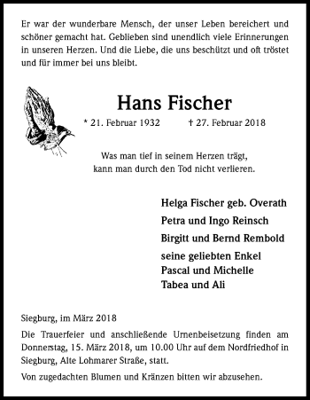 Anzeige von Hans Fischer von Kölner Stadt-Anzeiger / Kölnische Rundschau / Express