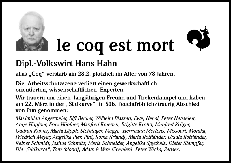  Traueranzeige für Hans Hahn vom 31.03.2018 aus Kölner Stadt-Anzeiger / Kölnische Rundschau / Express