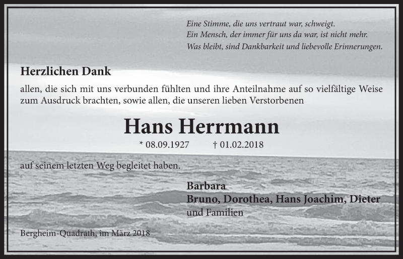  Traueranzeige für Hans Herrmann vom 10.03.2018 aus  Sonntags-Post 