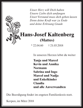 Anzeige von Hans-Josef Kaltenberg von  Werbepost 