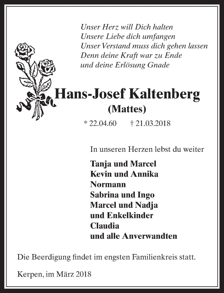  Traueranzeige für Hans-Josef Kaltenberg vom 28.03.2018 aus  Werbepost 