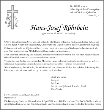 Anzeige von Hans-Josef Röhrbein von Kölner Stadt-Anzeiger / Kölnische Rundschau / Express
