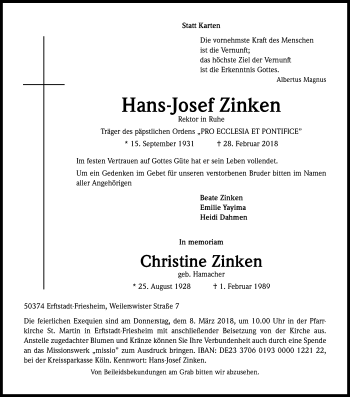 Anzeige von Hans-Josef Zinken von Kölner Stadt-Anzeiger / Kölnische Rundschau / Express