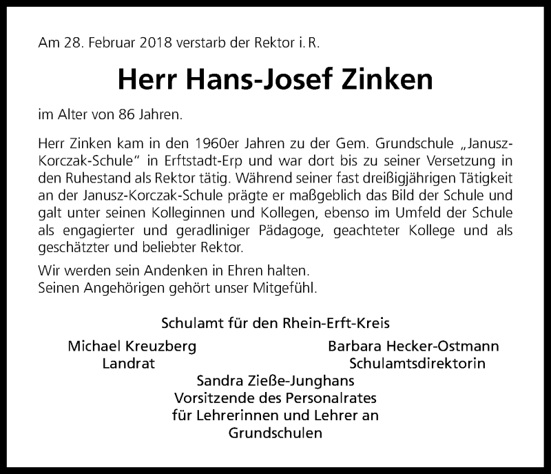  Traueranzeige für Hans-Josef Zinken vom 09.03.2018 aus Kölner Stadt-Anzeiger / Kölnische Rundschau / Express