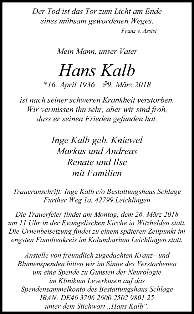  Traueranzeige für Hans Kalb vom 21.03.2018 aus Kölner Stadt-Anzeiger / Kölnische Rundschau / Express