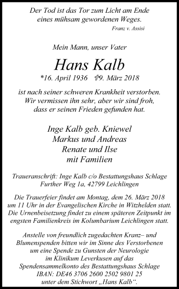 Anzeige von Hans Kalb von Kölner Stadt-Anzeiger / Kölnische Rundschau / Express