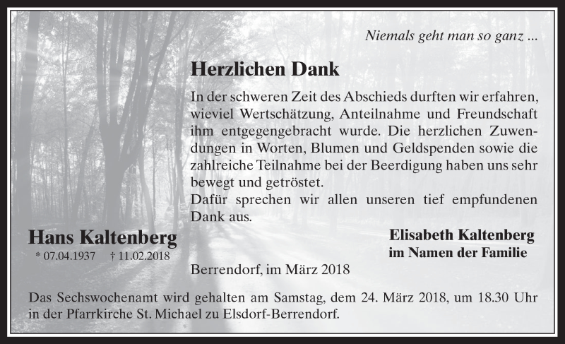  Traueranzeige für Hans Kaltenberg vom 21.03.2018 aus  Werbepost 
