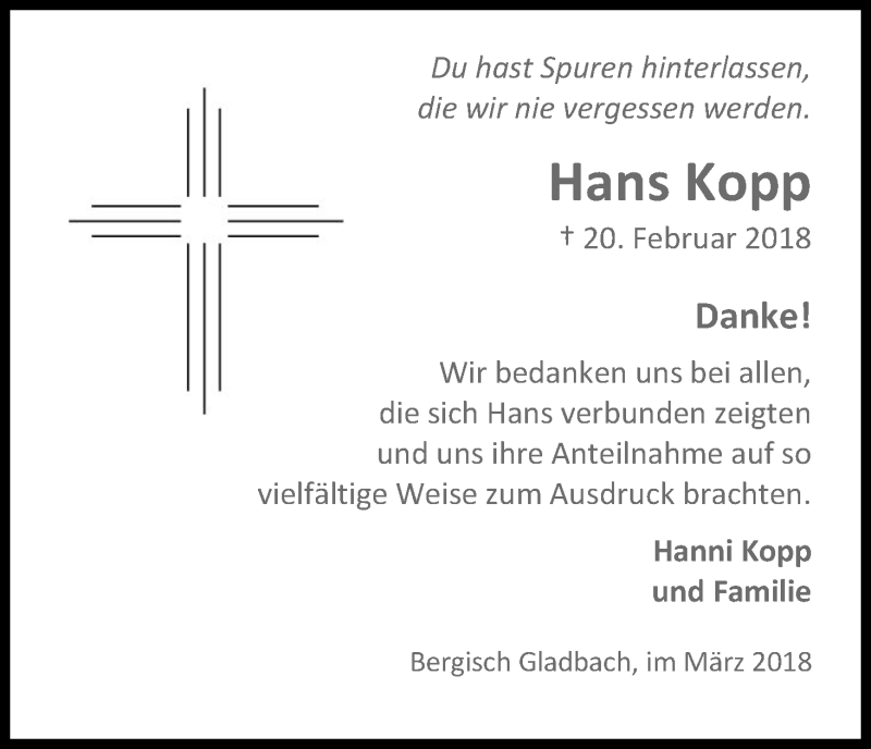  Traueranzeige für Hans Kopp vom 24.03.2018 aus Kölner Stadt-Anzeiger / Kölnische Rundschau / Express