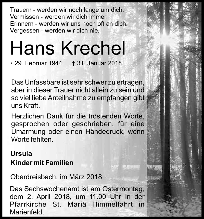  Traueranzeige für Hans Krechel vom 24.03.2018 aus Kölner Stadt-Anzeiger / Kölnische Rundschau / Express