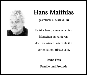 Anzeige von Hans Matthias von Kölner Stadt-Anzeiger / Kölnische Rundschau / Express
