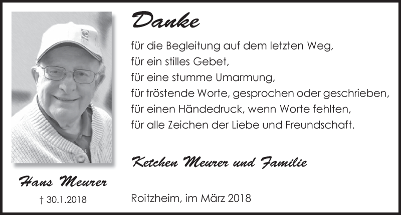  Traueranzeige für Hans Meurer vom 31.03.2018 aus  Blickpunkt Euskirchen 