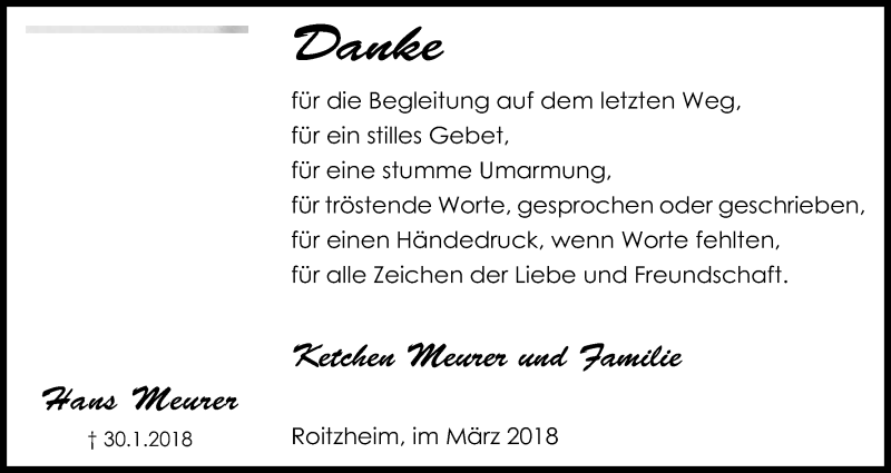  Traueranzeige für Hans Meurer vom 31.03.2018 aus Kölner Stadt-Anzeiger / Kölnische Rundschau / Express