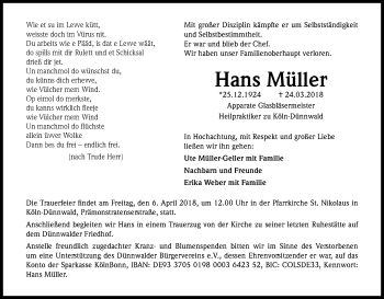 Anzeige von Hans Müller von Kölner Stadt-Anzeiger / Kölnische Rundschau / Express