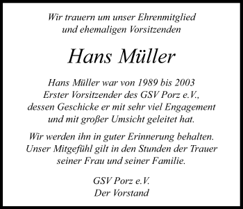 Anzeige von Hans Müller von Kölner Stadt-Anzeiger / Kölnische Rundschau / Express