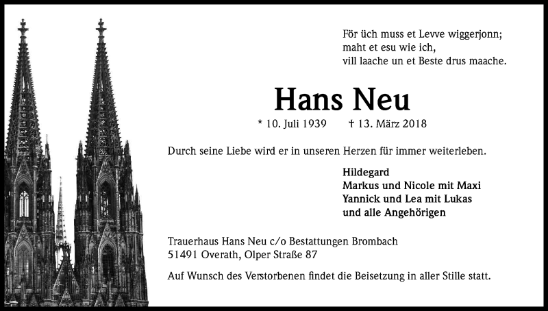  Traueranzeige für Hans Neu vom 21.03.2018 aus Kölner Stadt-Anzeiger / Kölnische Rundschau / Express