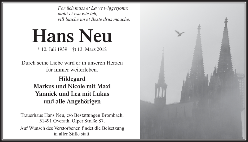  Traueranzeige für Hans Neu vom 21.03.2018 aus  Bergisches Handelsblatt 