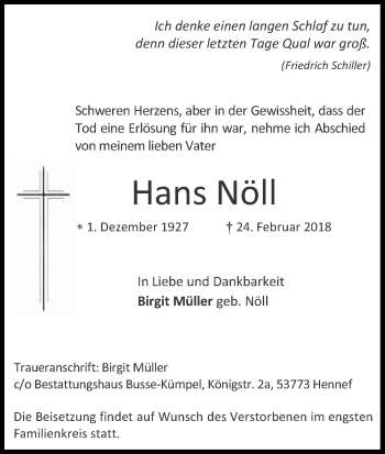 Anzeige von Hans Nöll von Kölner Stadt-Anzeiger / Kölnische Rundschau / Express